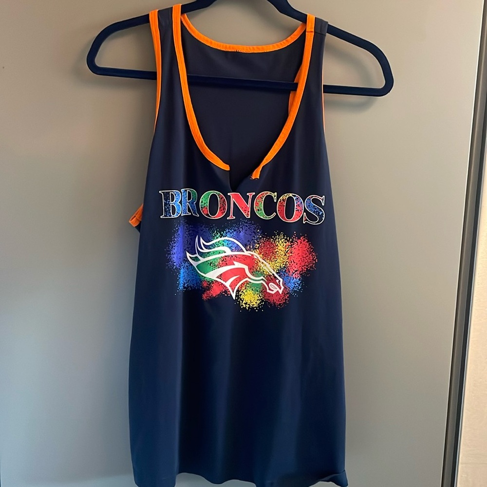 Denver Broncos Rainbow Splatter Logo Tank Top Navy Blue Orange Trim Size 2XL